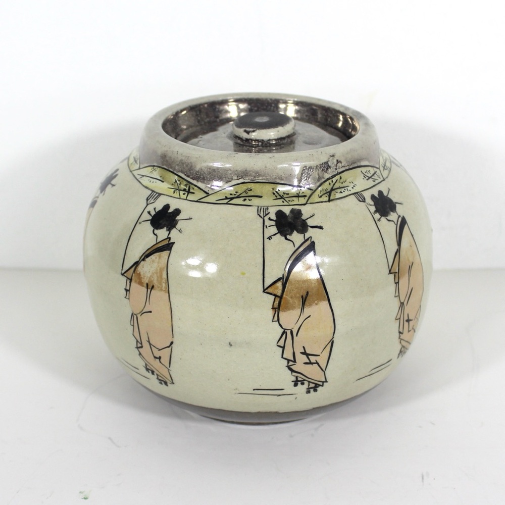 Vintage Asian Geisha Ceramic Jar Pottery Covered Pot, Boho Vase, Bohemian